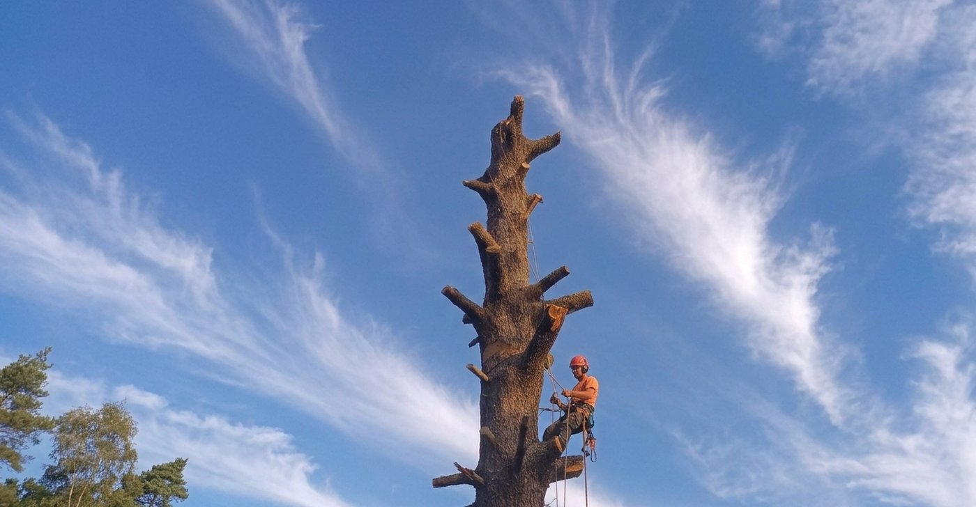 SGD climber roped into a tall trunk, sectioning it down limb by limb against a clear sky