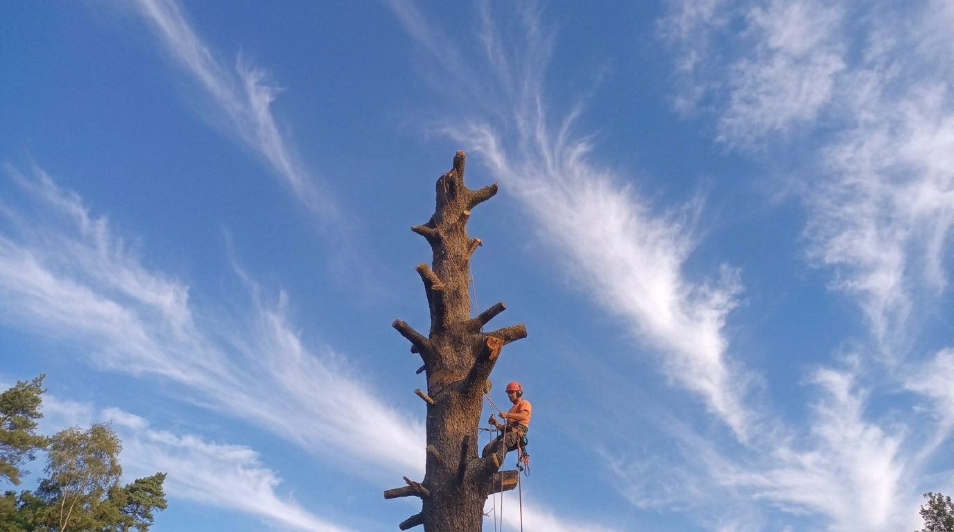 SGD climber roped onto a tall stripped trunk, sectioning it down against a cloud-streaked sky